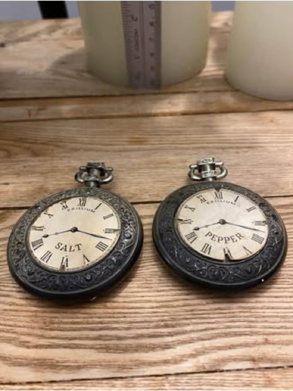 Vintage Pocket Watch Style Salt & Pepper Shakers Roman Numerals Silver Tone